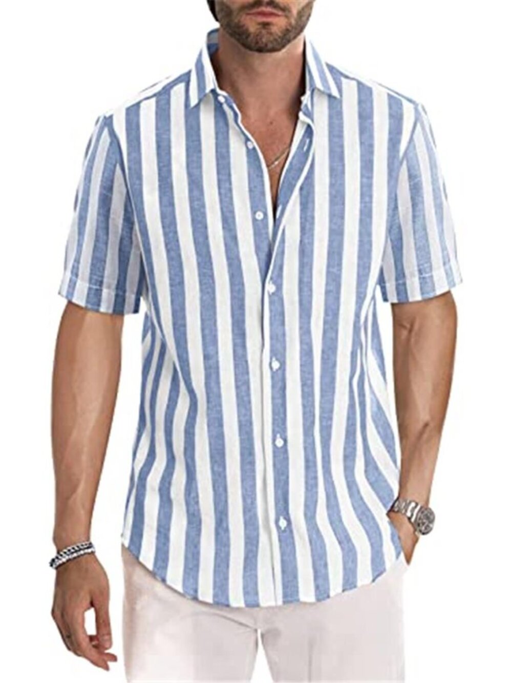 Mens Striped Button Down Shirt Short Sleeve Casual Cotton Blend Summer Top